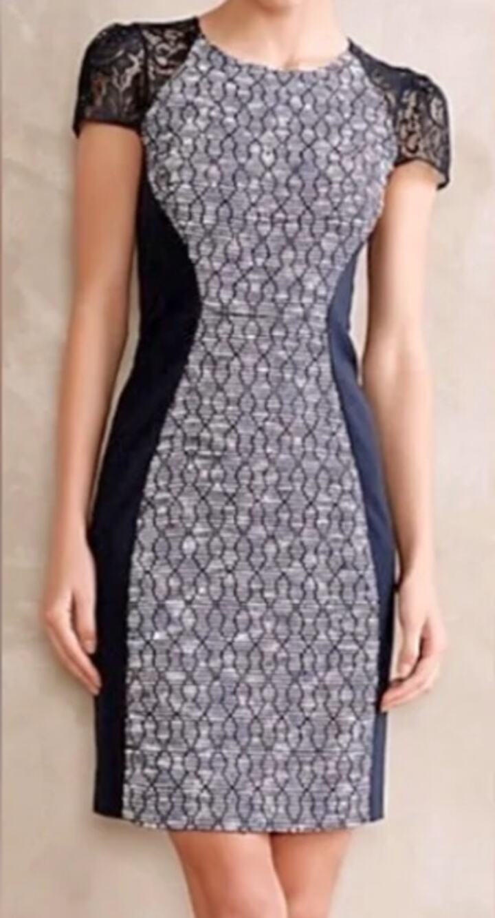 Moulinette Soeurs Anthropologie blue tweed lace short sleeve fitted Dress Sz 8